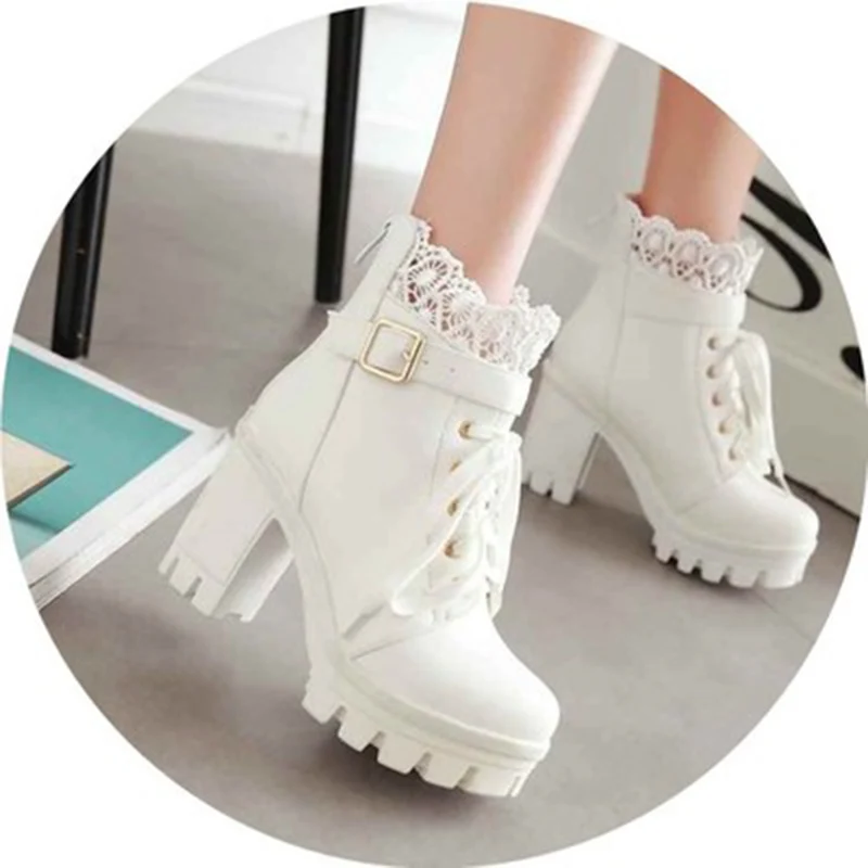 Short tube 2018 Spring Fashion Women Boots High Heels Platform Buckle Lace-up Leather Boot Black Ladies Shoes Good Quality NO132 Women's Shoes