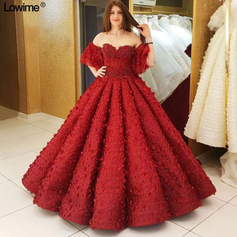 Red Pink Flowers Lace Ball Gown Dubai Quinceanera Dresses Abaya