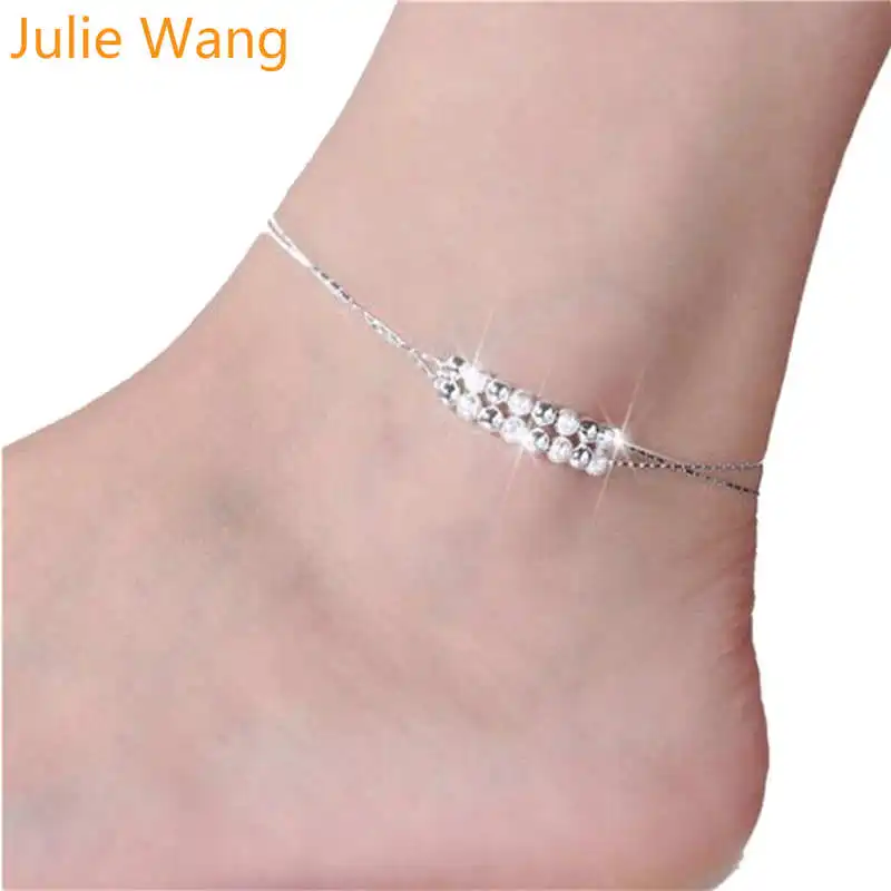 Julie Wang, серебряный браслет для женщин, несколько летних пляжных ножной браслет для девушек, ювелирный браслет со ступнями ног, бисер на лодыжке