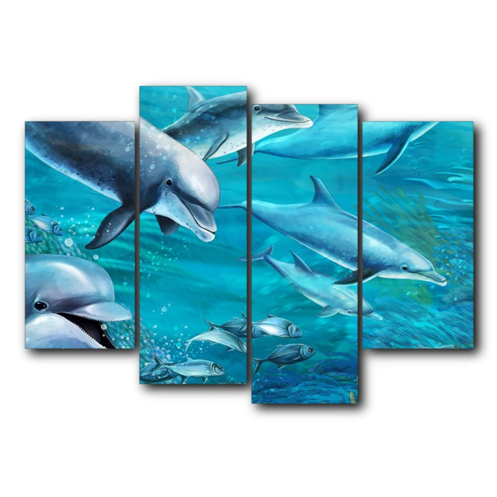 

Nordic 4 Panel Vintage Abstract Canvas Dolphin Animal Posters and Prints Wall Artwork For Home Living Room Decoration