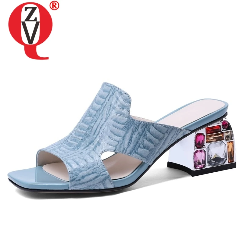 

ZVQ woman shoes 2019 summer new fashion sexy open toe genuine leather woman slippers outside high hoof heels crystal sandals