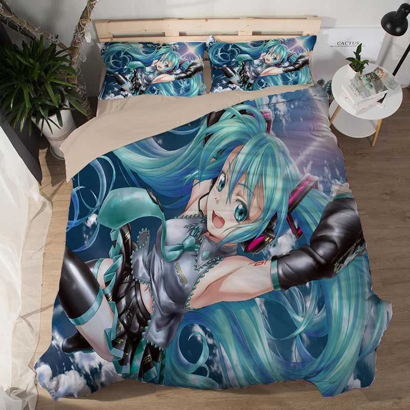 Japanese Anime Magical Mirai Hatsune Miku Bedding Set Bedcover Pillow Case 3/4PCS girls duvet cover sets cartoon blue bedclothes