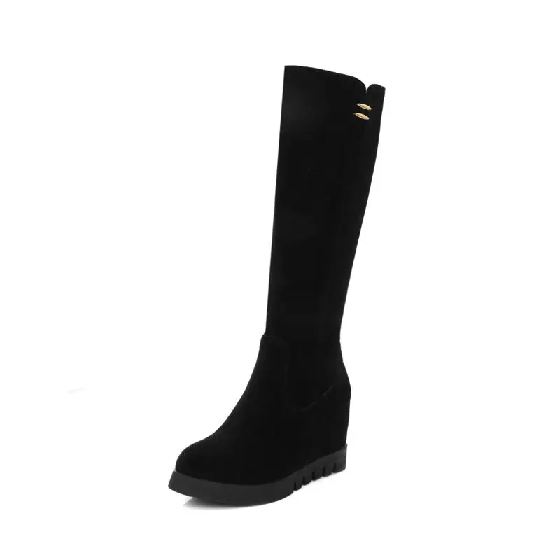 MEMUNIA/Новое поступление г. Осенне-зимние сапоги до колена женские сапоги на высоком каблуке с круглым носком рыцарские сапоги, увеличивающие рост Размеры 33-43 - Цвет: Черный
