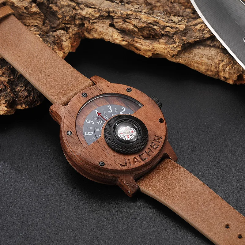 Unique Compass Turntable Number Design Mens Wooden Watch Men Brown Wood Leather Band Creative Natural Wrist Watches Relogio|Кварцевые