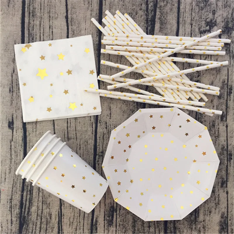 

8 Sets Star Tableware Paper Plates Cups Napkin Straw Cocktail Beverage Dinner Party Wedding New Year Bridal Shower Decor