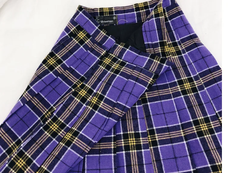 Новинка, женские плиссированные юбки в английском стиле, фиолетовые клетчатые юбки с высокой талией, шорты,, винтажные клетчатые мини-юбки для женщин