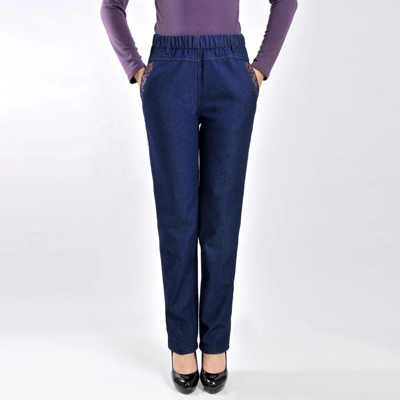 2017 Winter Style Loose Fashion Women Denim Pants High Waist Straight Elastic Denim Pants Female Warm