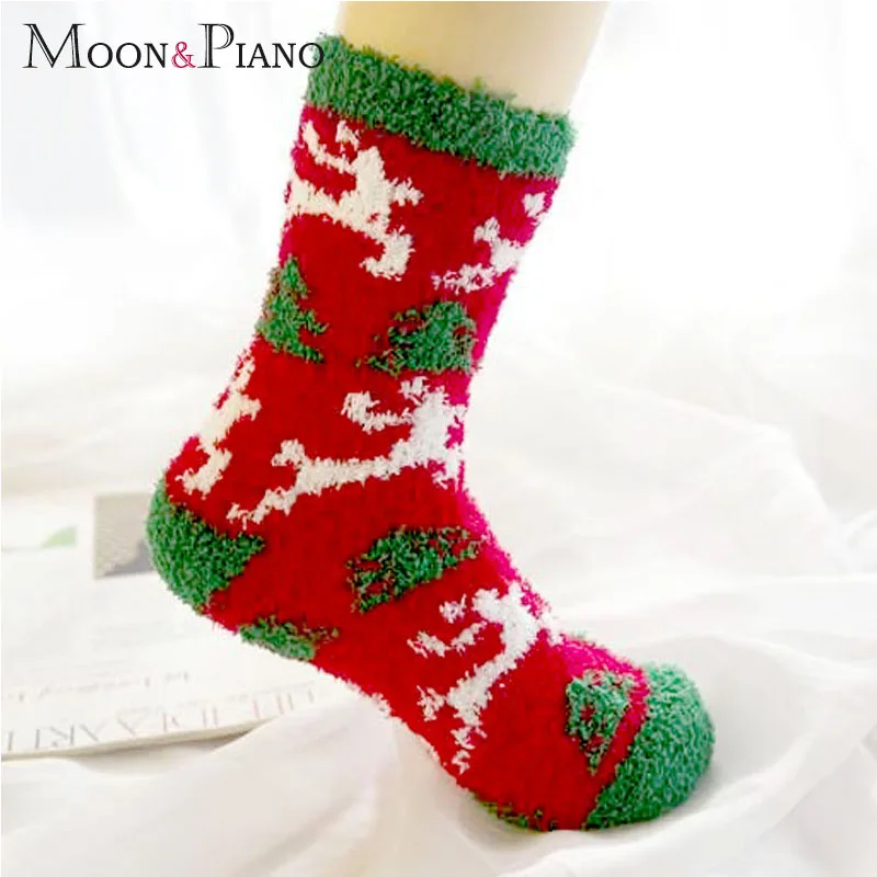 Осенние и зимние Мультяшные толстые махровые коралловые бархатные носки с принтом оленя для взрослых, рождественские носки для девушек, теплые носки