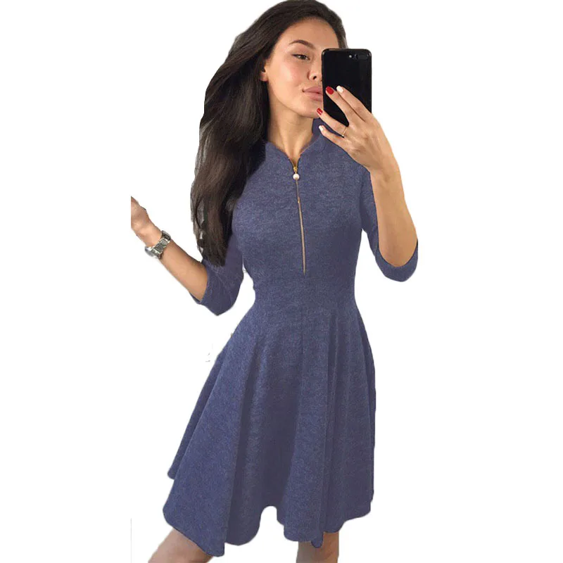 

Sexy Zipper Stand Neck A Line Half Sleeve Short Dress Women Spring Autumn Blue Red Slim Dress Fashion Party Dresses Ladies Hot