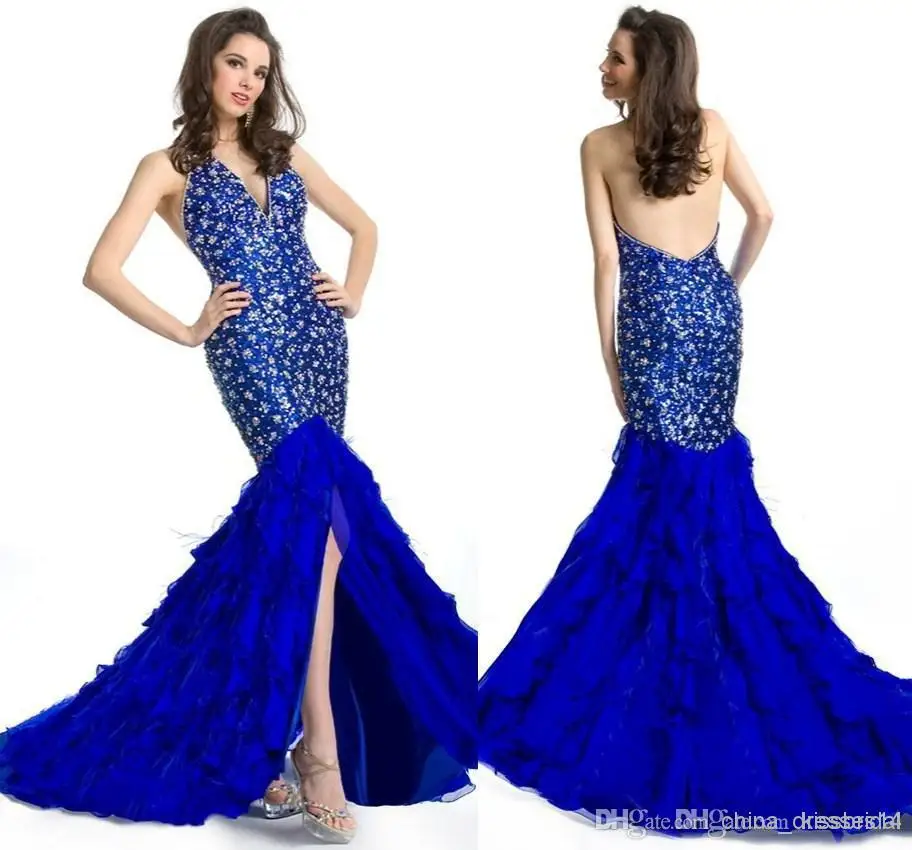 Sexy 2015 Blue Prom Dresses Halter Backless Beaded Mermaid Court Train Ruffled Chiffon Evening Gowns Party Dress | Свадьбы и