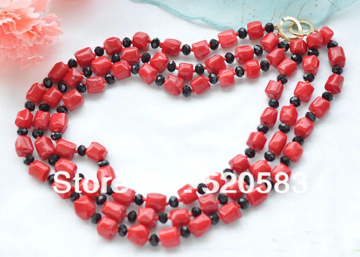 

3row 21" 12x14mm massive red coral black agate NECKLACE