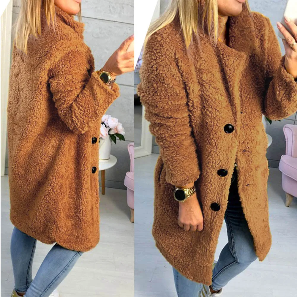 

Women wool blend coat Winter Solid Stand Collar Fluffy Coat Button Jacket Outwear Oversized Coat woman coats winter 2018