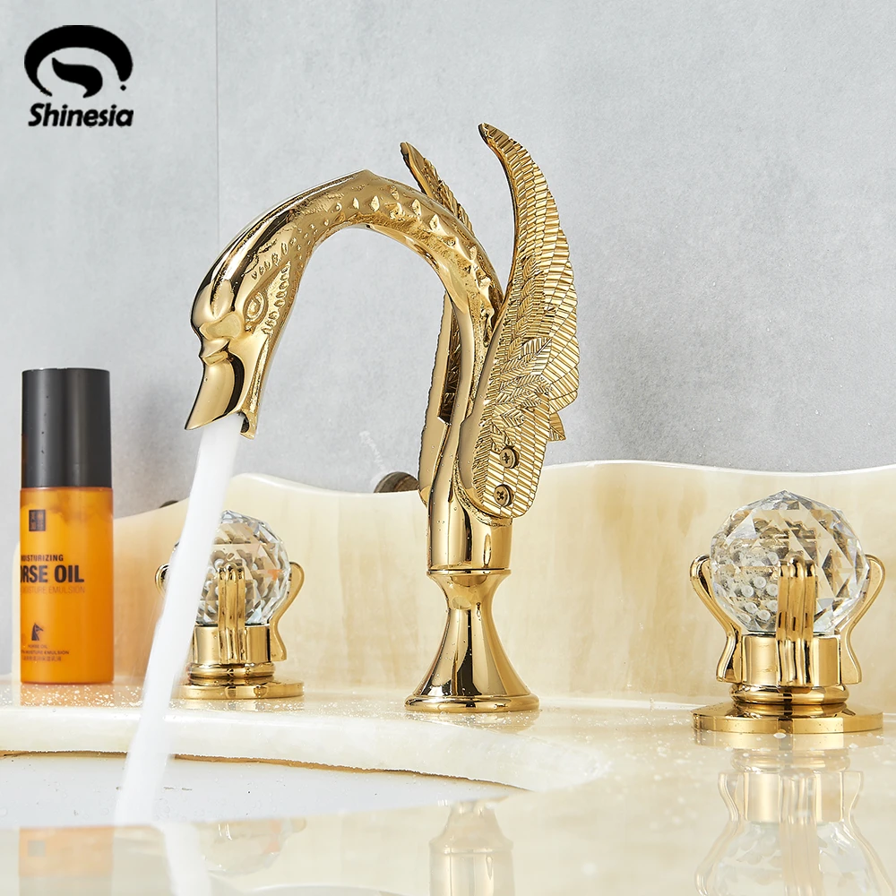 Luxury Bathroom Faucet Brass Golden Swan Shape Basin Tap Dual 