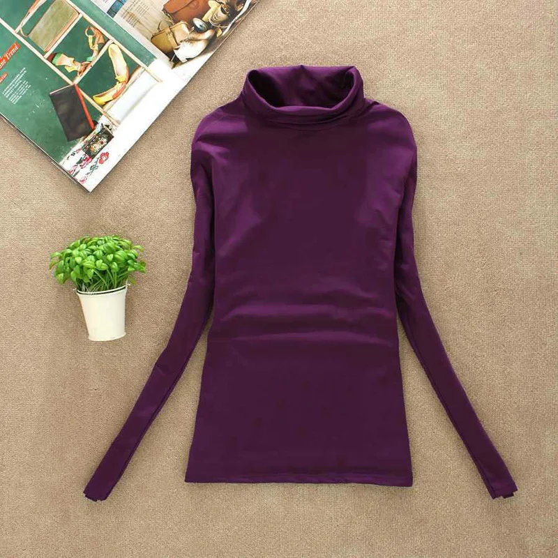 Женское теплое с длинными рукавами рубашка черепаха шеи топы твердые базовые футболки Slim Fit повседневные - Цвет: Purple