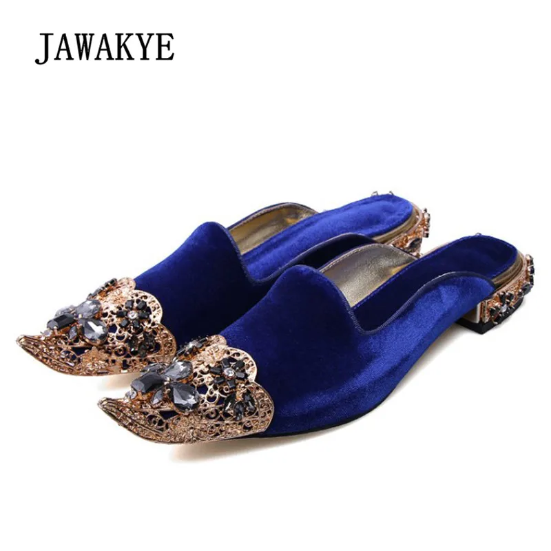 

2018 Retro Luxury Velvet Slippers Woman Gold Metal Diamond Hollow Pointe Toe Rhinestone Jewellery Heel Flat Shoes Woman