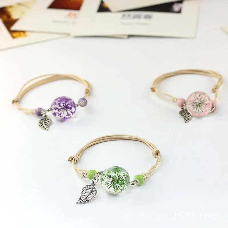 

Doreen Box New Creative Woven Dried Beads Flowers Glass Bracelet Weave Flower Leaf Bracelets Handmade Women Fashion Jewelry