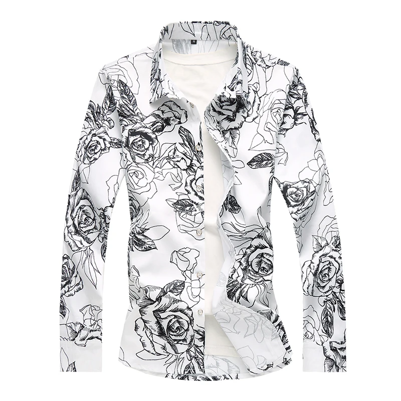 

Small Stretch Men Long Sleeve Flower Shirts Black White Fashion Casual Men's Shirt Large Size S M L XL 2XL 3XL 4XL 5XL 6XL 7XL