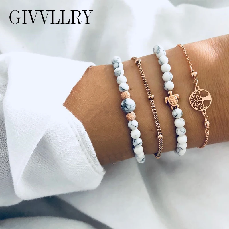 

GIVVLLRY 4 pcs/set Gray White Beaded Bracelets for Women Boho Creative Gold Tree of Life Turtle Charm Bracelets Fashion Jewelry