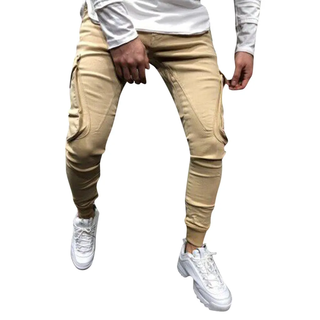 New Fashion Men's Slim Pure Color Casual Sports Woven Pocket Feet Pants pantalones hombre streetwear joggers sweatpants