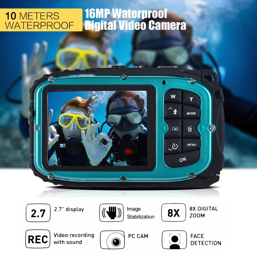 

16MP 2.7" LCD Waterproof Digital Video Camera Mini Camcorder DV Underwater Max 10M Diving 8X Digital Zooming Face Detection