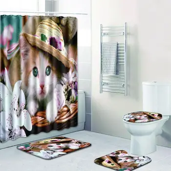 

HobbyLane 4pcs/set Cute Cat Printing Non Slip Toilet Polyester Cover Mat Floor Mat Set Bathroom Shower Curtain Bath Mat Bathroom Suits