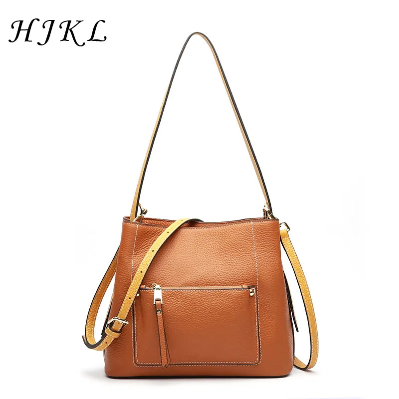 

HJKL Women's Fashion Bucket Bag Genuine Cow Leather Totes High Quality Panelled Thread Shoulder Bags New Messenger Bag 2018