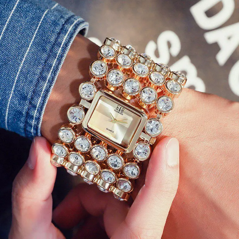 Большие часы квадратные шикарные с позолотой стальные камни кварцевые часы для женщин модные повседневные наручные женские часы - Цвет: Золотой