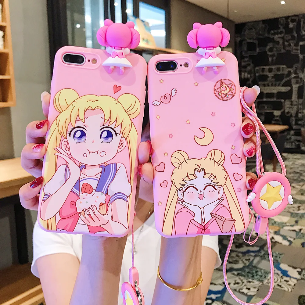 

For iphone X Mobile Phone Cover Sailor Moon Kawaii Pink Silicone Phone Case With Lanyard For iphone 6 7 8 XR TPU Soft Cover Case