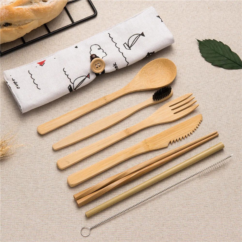 

2019NEW Korean Tableware Portable Cutlery Set Bamboo Straw Toothbrush Chopsticks Fork Spoon Knife Set with Colse Bag for Travel