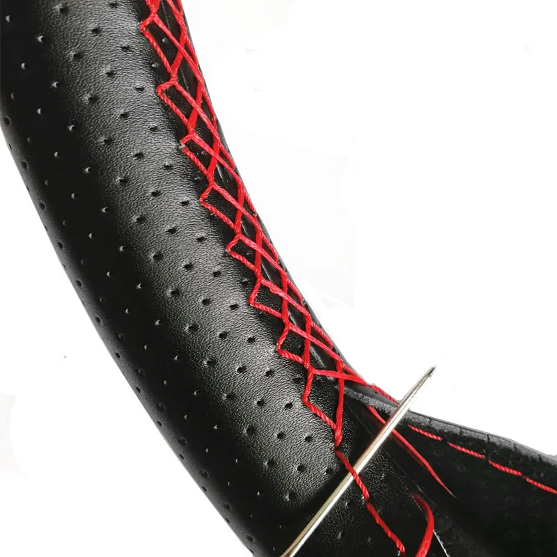 Sewing braiding of red thread weave Cover on steering wheel Leather