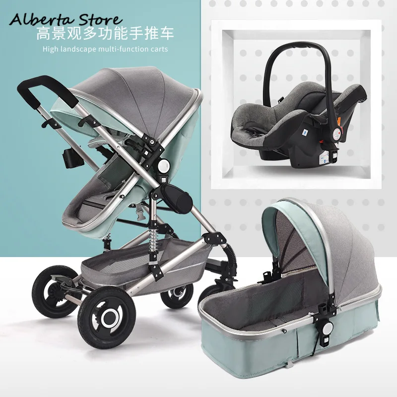 

2019 New 3 In 1 Baby Four Wheels Stroller 2 Can Sit & Lie Down Aluminium Alloy Lightweight Windshield Large Space Foldable Great