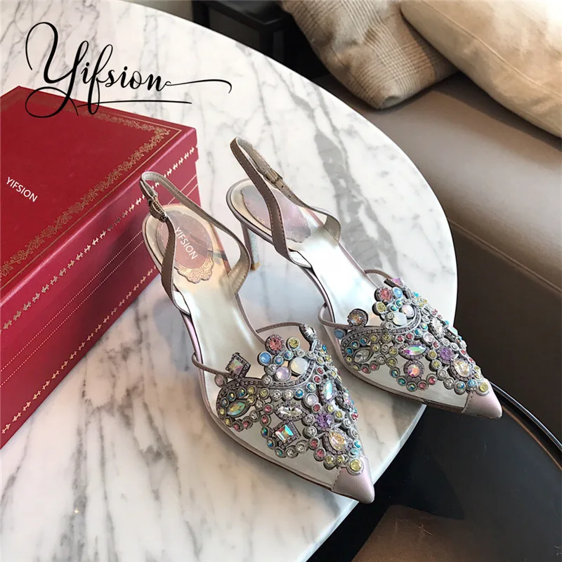 

OLOME New Fashion Women Summer Sandals Sexy Pointed Toe Buckle Strap Crystal Thin Mid Heel Sandals Party Shoes Woman