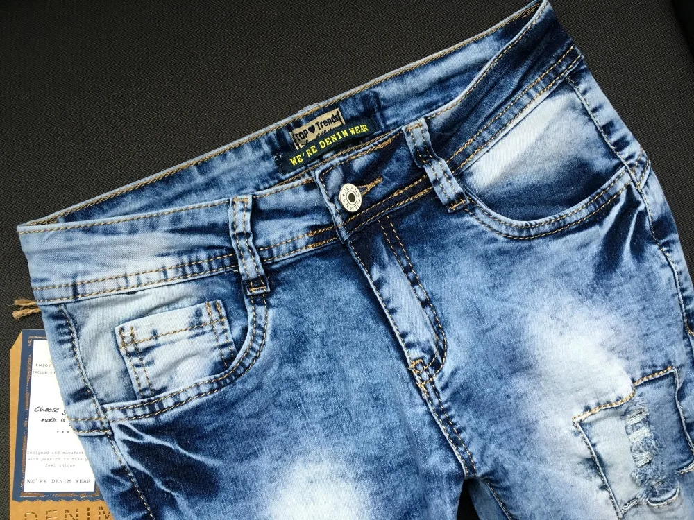 SupSindy для женщин джинсы в европейском стиле обтягивающие джинсы женские рваные джинсы для синий лоскутное тонкий карандаш брюки д