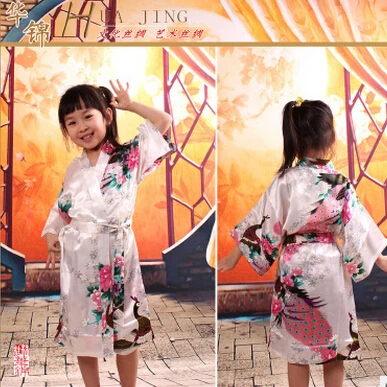 Peacock Kids Robe Satin Children Kimono Robes Bridesmaid Flower Girl Dress Silk children's bathrobe Nightgown Kimono robe