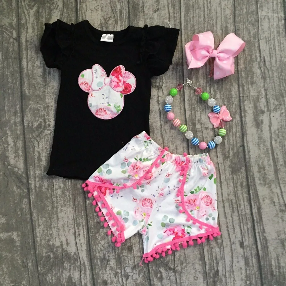 2 pieces Summer baby girls black pink pom-pom shorts flower pattern clothes boutique matching accessories 2 pieces Summer baby girls black pink pom-pom shorts flower pattern clothes boutique matching accessories