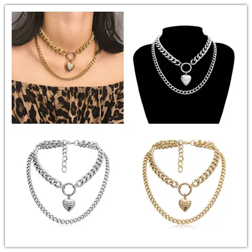 Vintage Open Heart Pendant Necklace Elegant Gold Silver Chunky Chain 2 Layered Chain Necklace Fashion Jewelry For Women