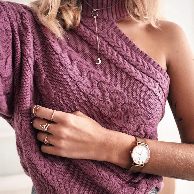 

Sexy Off One Shoulder Turtleneck knitted Sweater Women Elegant Twist Long Sleeve autumn Sweaters And Pullovers Pull Femme