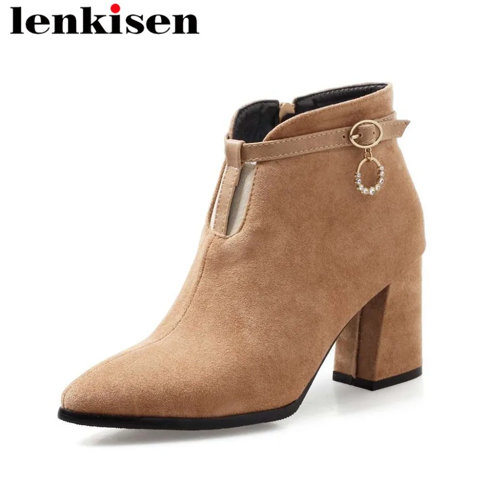 

Lenkisen zipper buckle belt pointed toe thick high heels plus size flock crystals metal ring young lady women ankle boots L8f7