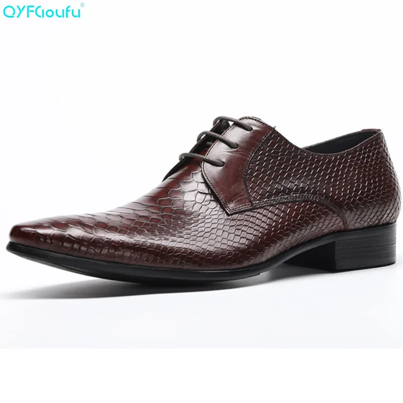 

2019 Fashion Genuine Leather Men Dress Shoes Snake Pattern Business Men Shoes Designer Office Lace Up Pointy Toe Shoes