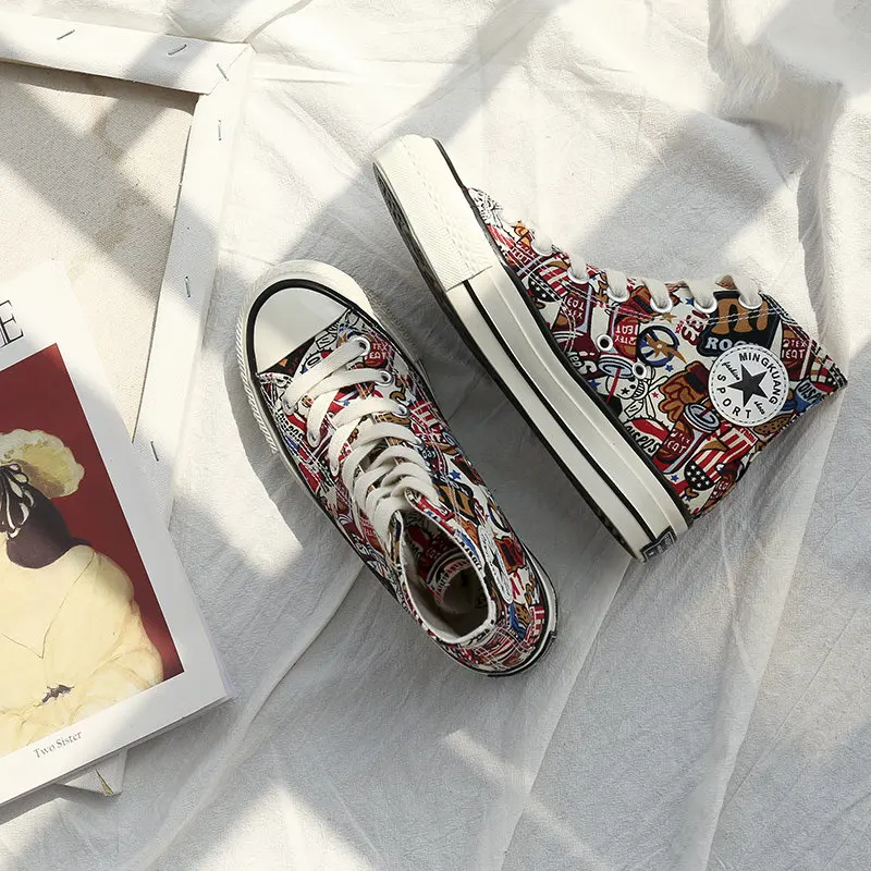 

2019 Fashion Women Vulcanized Shoes Sneakers Summer Colorful Graffiti Printed Flat High top Canvas Shoes Women alpargatas mujer