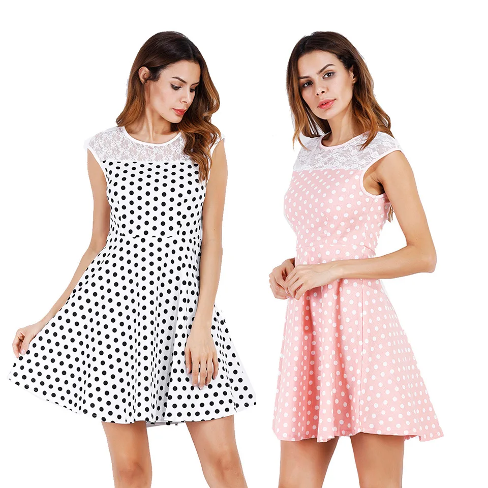 

Women's 2019 Summer New Style Waist Thin A-shaped Sweet Wave Point Lace Stitching Vest Sport Dress Clubwear