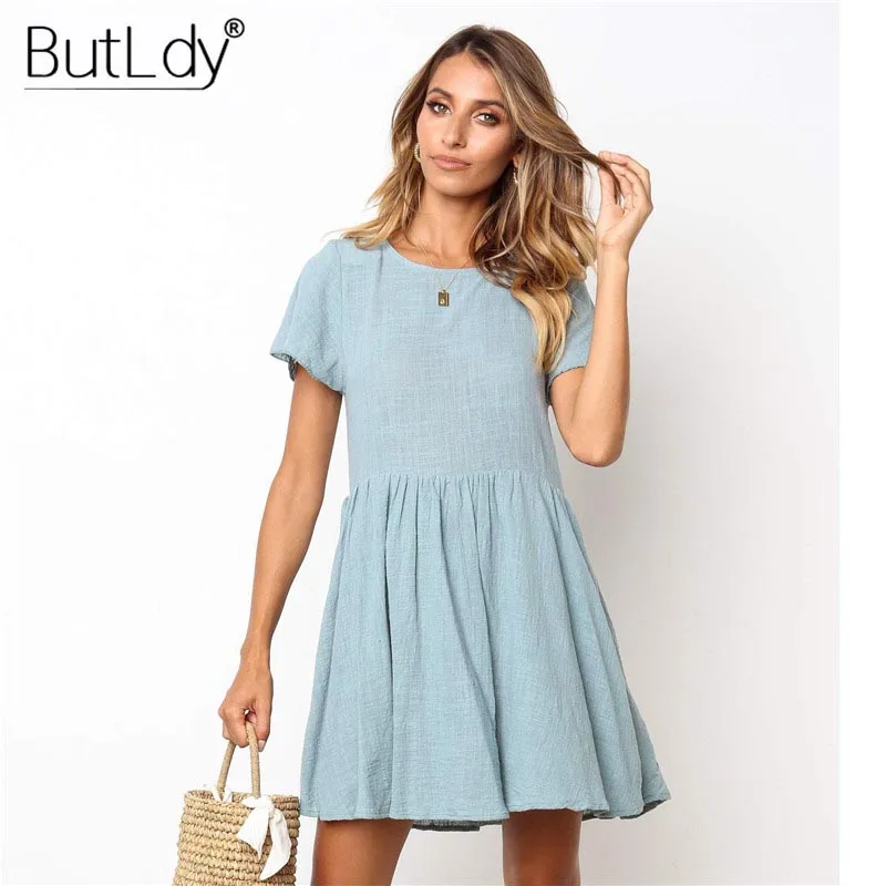 

2019 Short Summer Beach Dress Women Short Sleeve Casual Pleated Tunic Dress Sundress Fashion Cotton Linen A-Line Dresses Ladies