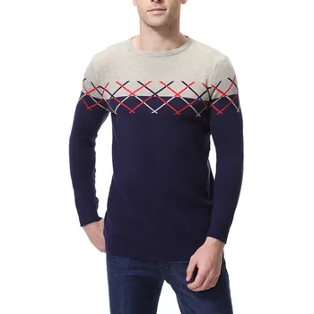 

Nice Men Plaid Color Matching Knit Sweater Fashion Men Cotton Round Neck Bottoming Shirt Slim Sweater For Male Autumn Winter