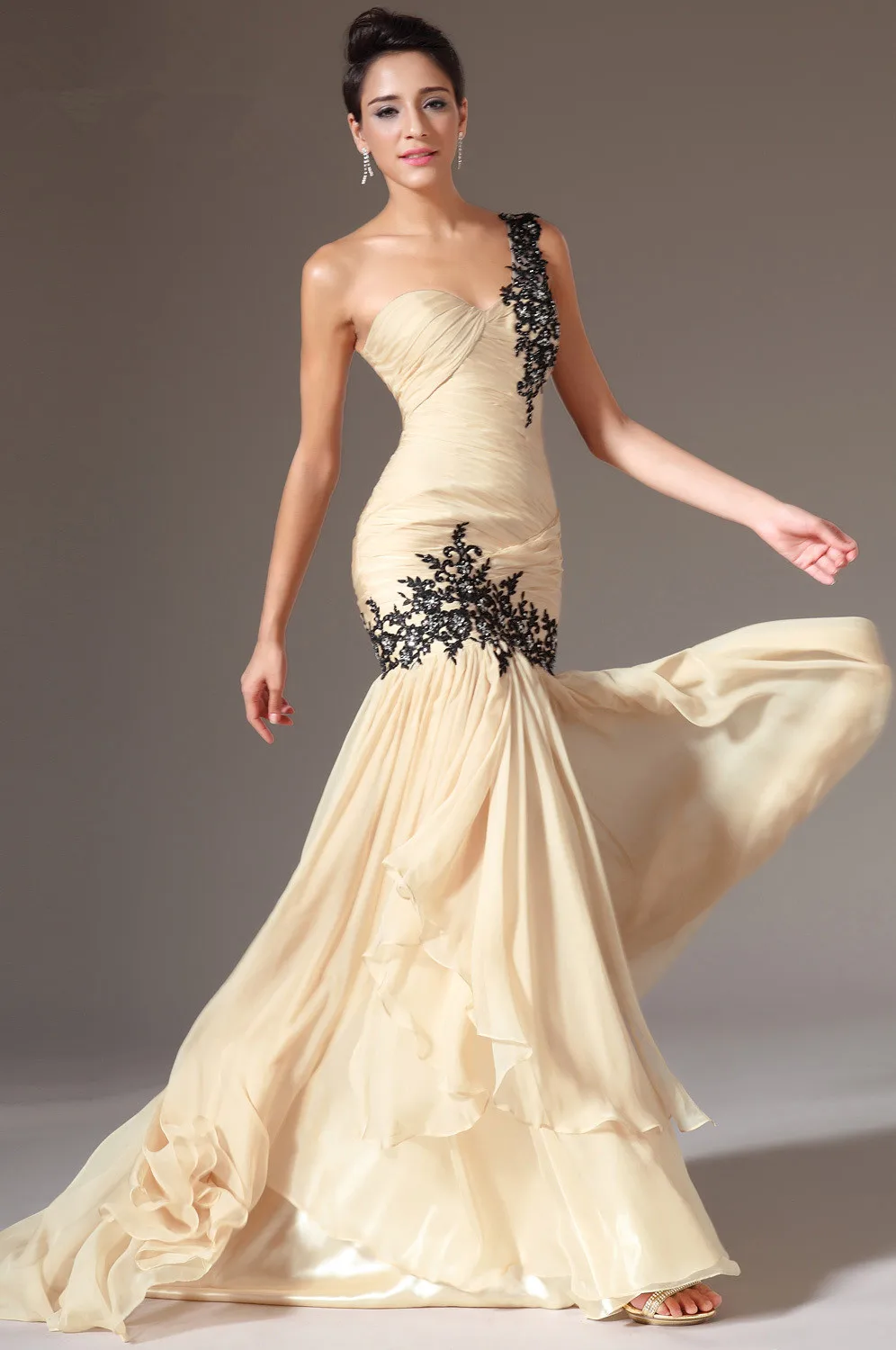 Fashion-Evening-Dress-One-shoulder-Sweep-Tain-Black-Lace-Appliques-Chiffon-Evening-Gowns