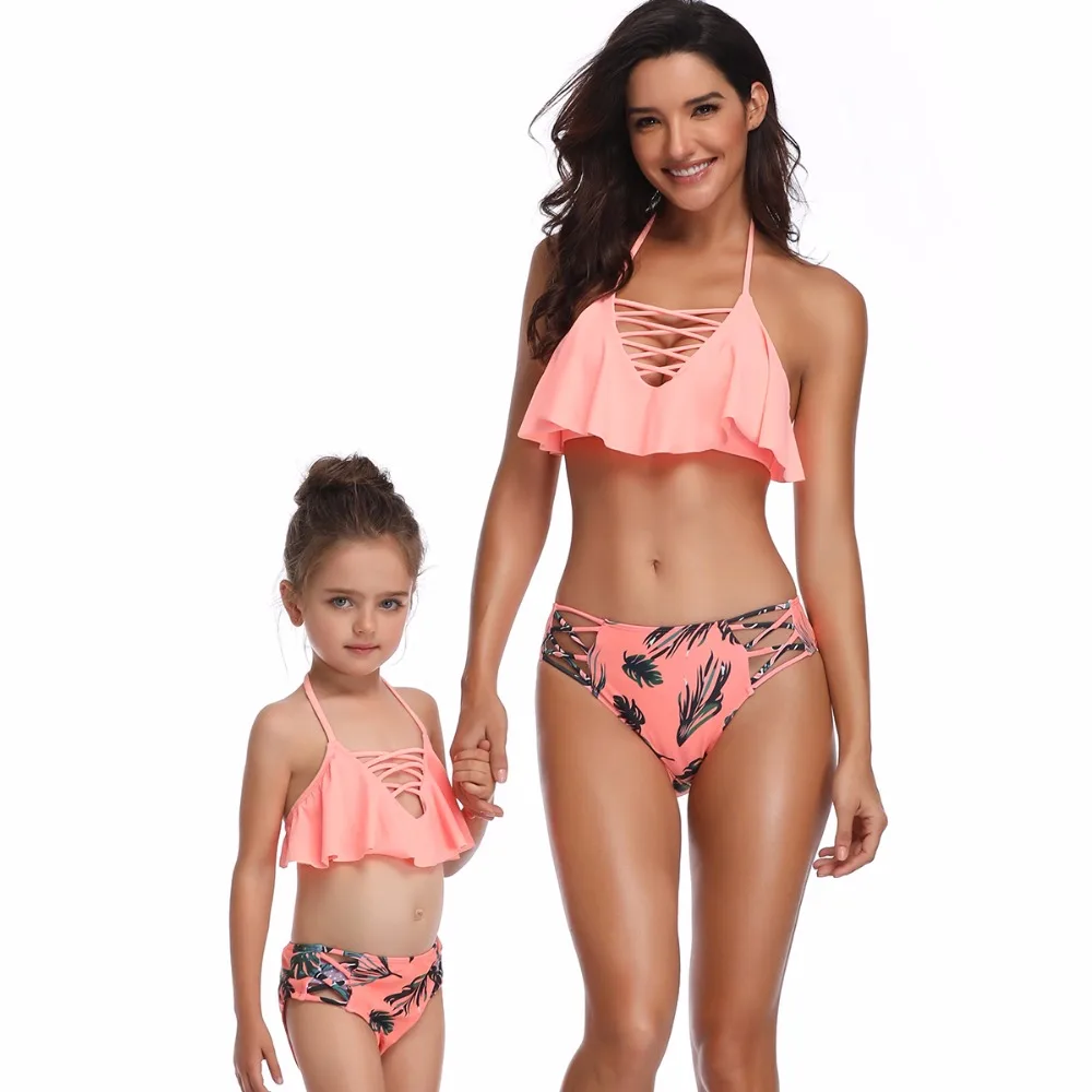 Розовый купальник для мамы и дочки; семейный образ; купальные костюмы «Мама и я»; одинаковые платья для мамы и дочки; бикини с высокой талией