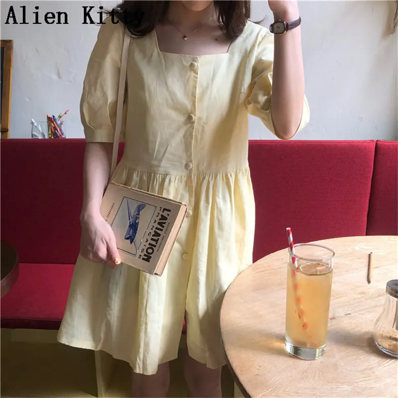 

Alien Kitty Korea Sweet Elegant Square Collar Short Sleeves 2019 Summer High Waist Loose Women Casual Mini Light Yellow Dress