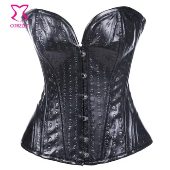 

Punk Black Leather Skull Imprint Steampunk Corset Sexy Gothic Clothing Corselet Overbust Steel Boned Corsets and Bustiers