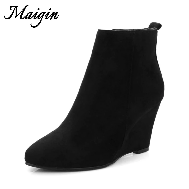 Maigin Wedge Women Ankle Boots Shoes Pointed Toe Kid Suede High Heels Bootie Woman 2018 Warm Autumn Winter Ladies Shoes