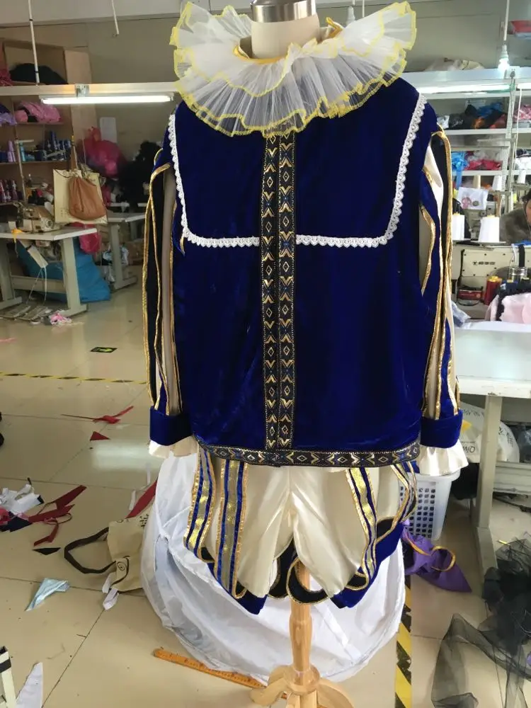 

100%real venice mens carnival royal blue golden embroidery costume with handmaking hat and mask medieval dress Renaissance Gown