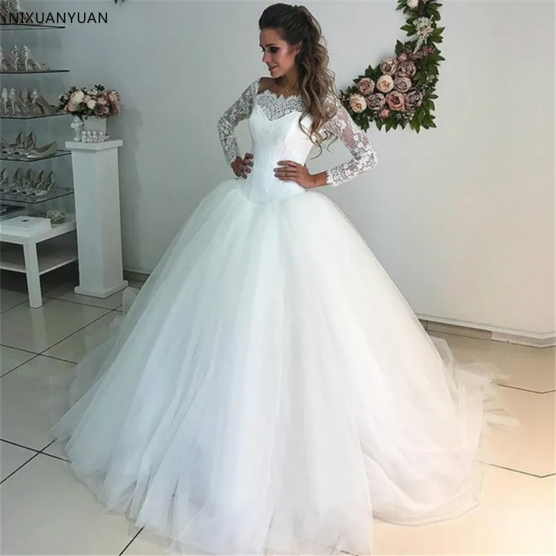 Свадебное платье с длинным рукавом,, кружевное Тюлевое белое платье принцессы, свадебное платье на заказ, Vestido De Mariage